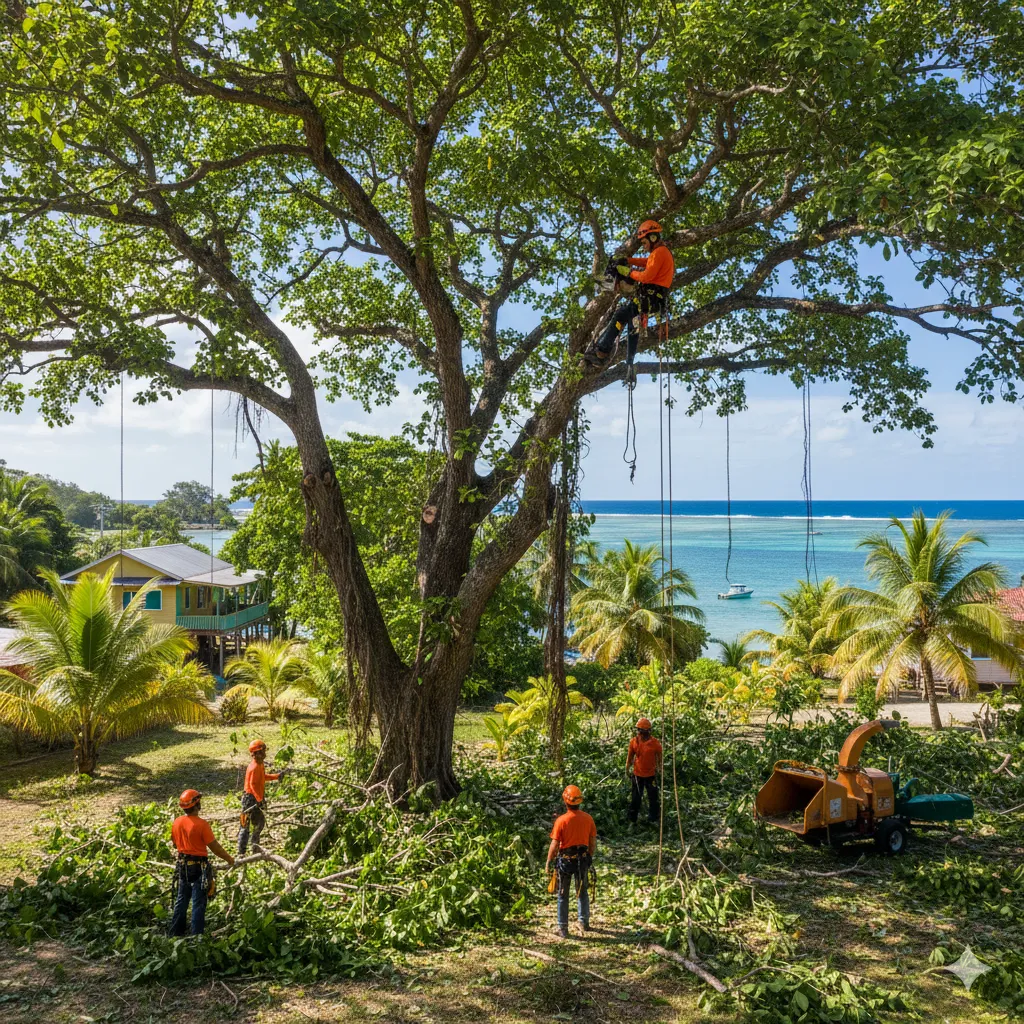 Especialista realizando poda estacional de árboles en Roatán